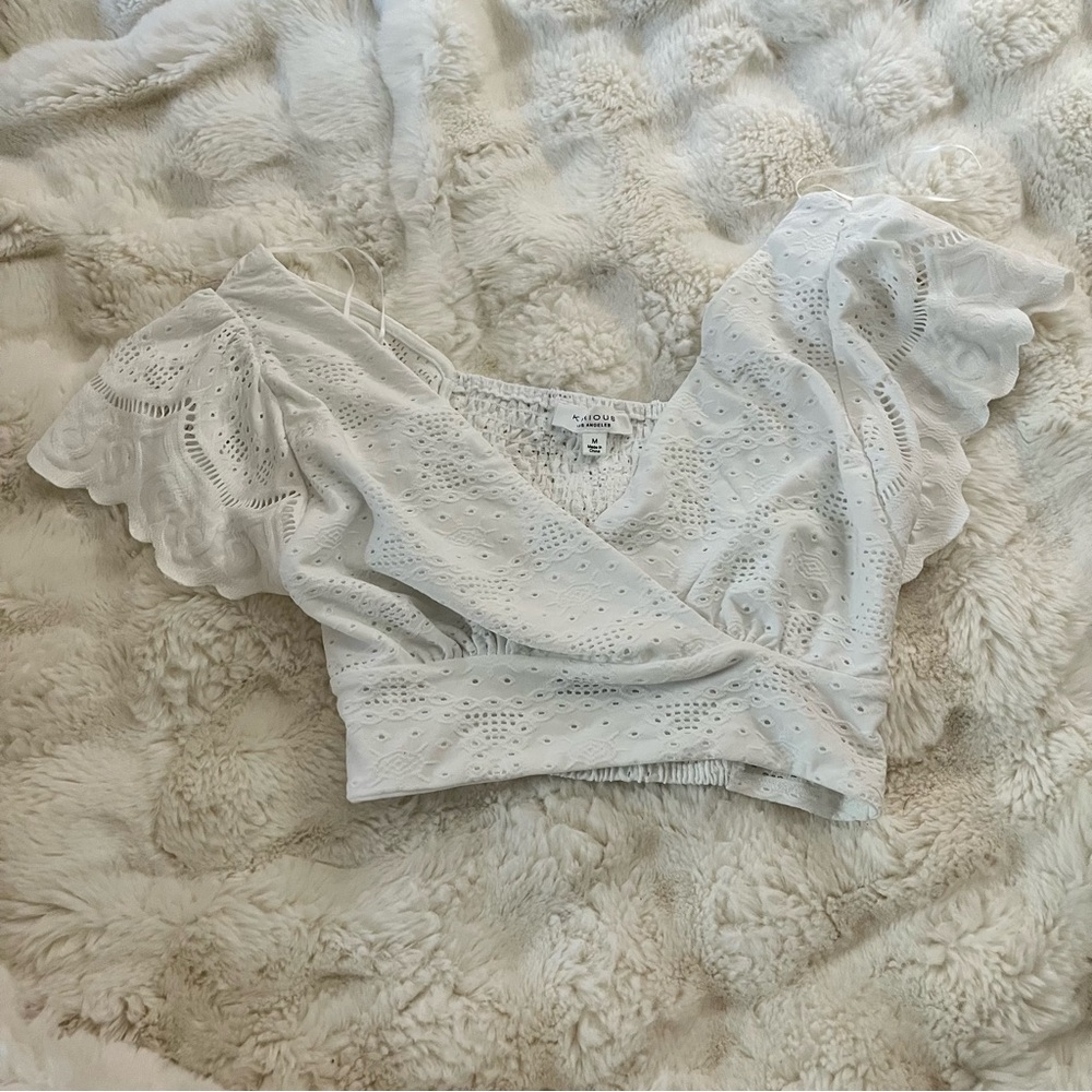 Elegant White Eyelet Flutter Sleeve Blouse
